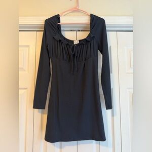 Blue Rain Navy Long Sleeve Ribbed Dress Tie Neck Flowy Medium